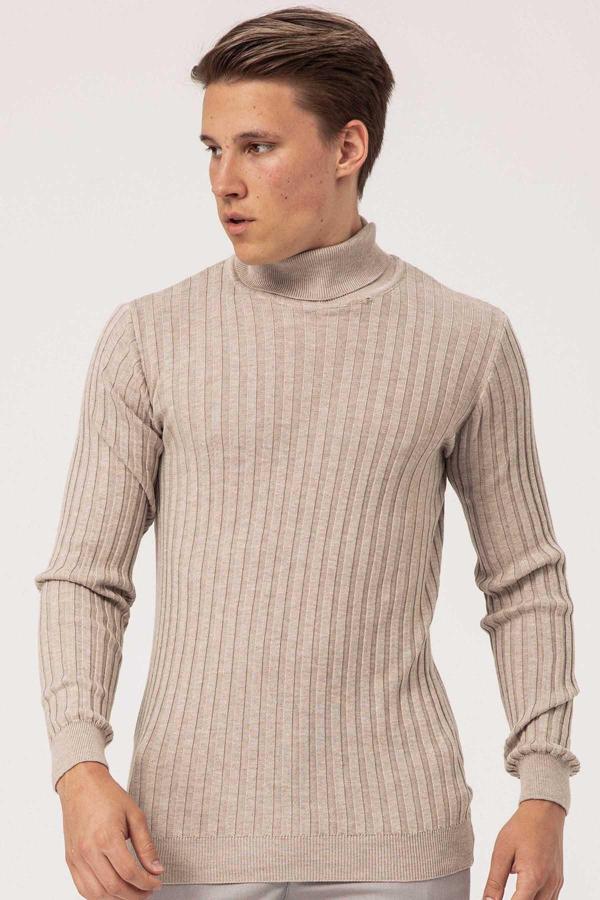Ateş Triko Erkek Balıkçı Yaka Slim Fit Fitilli Triko Kazak 6091288 Bej - Image 1