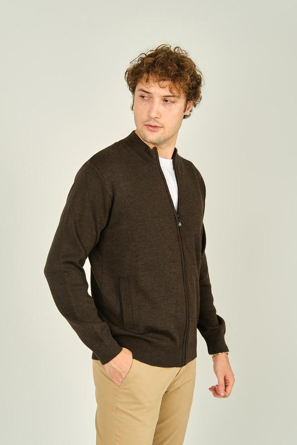 Ateş Triko Erkek Fermuarlı Çift Cepli Hakim Yaka Yün Hırka 1021 Kahverengi - Image 1