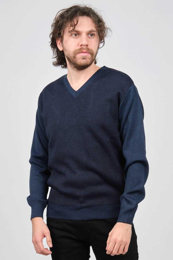 Ateş Triko Erkek V Yaka Desenli Yün Kazak 6091746 Indigo - Image 1