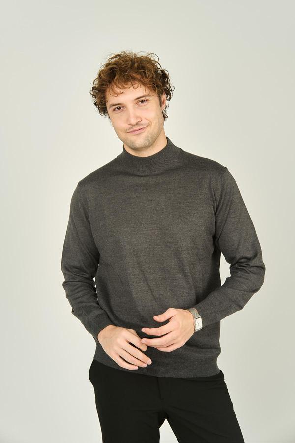 Ateş Triko Erkek Yarım Balıkçı Yaka Yün Kazak 0004 Koyu Gri - Image 1