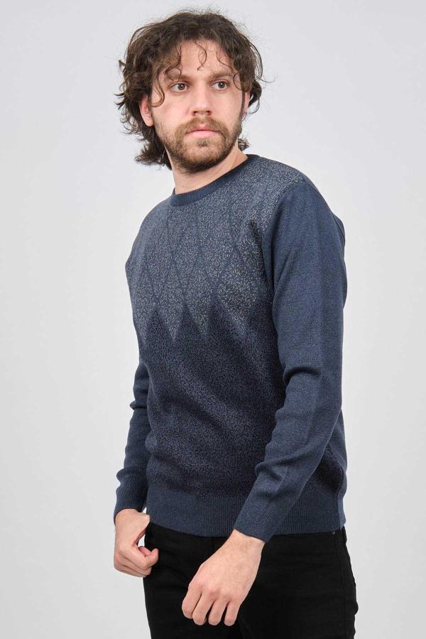 Ateş Triko Erkek Bisiklet Yaka Desenli Kazak 6091805 Indigo - Image 1