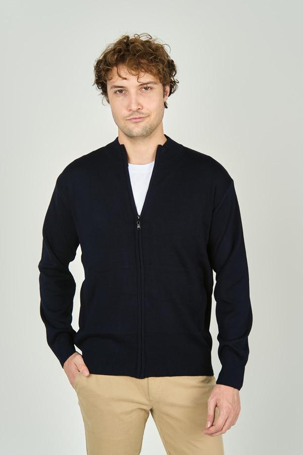Ateş Triko Erkek Fermuarlı Çift Cepli Hakim Yaka Yün Hırka 1021 Lacivert - Image 1