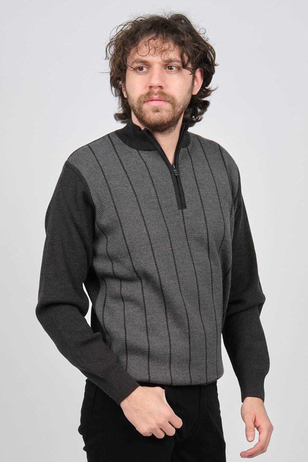 Pave Erkek Çizgi Desenli Fermuarlı Yün Kazak 4539190 Füme - Image 1