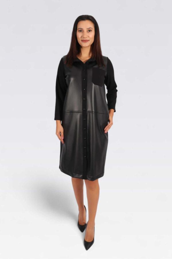 Tolga Saraçoğlu Kadın Deri Detaylı Elbise 40398 Siyah - Image 1