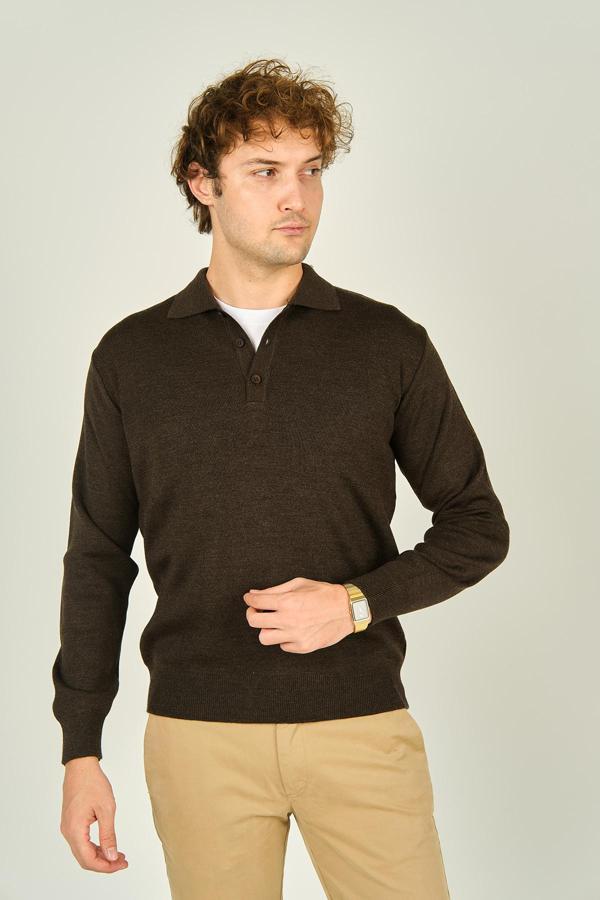Ateş Triko Erkek Polo Yaka Düğmeli Yün Kazak 6091023 Koyu Kahve - Image 1