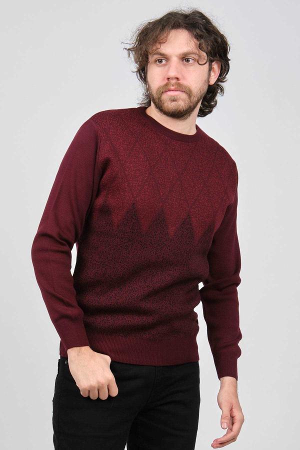 Ateş Triko Erkek Bisiklet Yaka Desenli Kazak 6091805 Bordo - Image 1