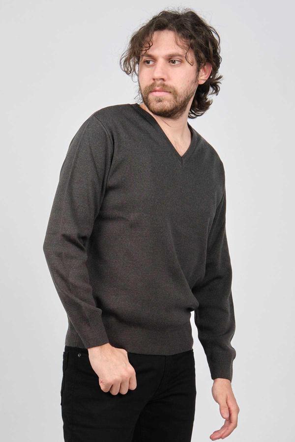 Ateş Triko Erkek V Yaka Düz Kazak 6091026 Füme - Image 1