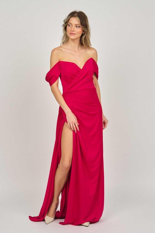 Şeref Vural Kadın Düşük Omuz Uzun Abiye Elbise 5437987 Kırmızı - Image 1