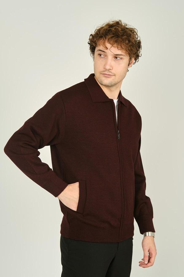 Ateş Triko Erkek Fermuarlı Çift Cepli Triko Yün Mont 0103 Bordo - Image 1