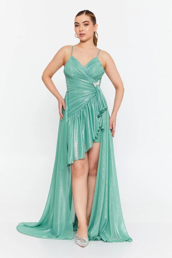 Ömür Inn Kadın İp Askılı Eteği Fırfırlı Şifon Abiye Elbise 0056 Çağla - Image 1