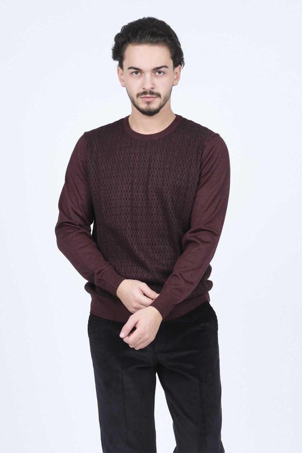 Ateş Triko Erkek Bisiklet Yaka Desenli Yün Kazak 6092255 Bordo - Image 1