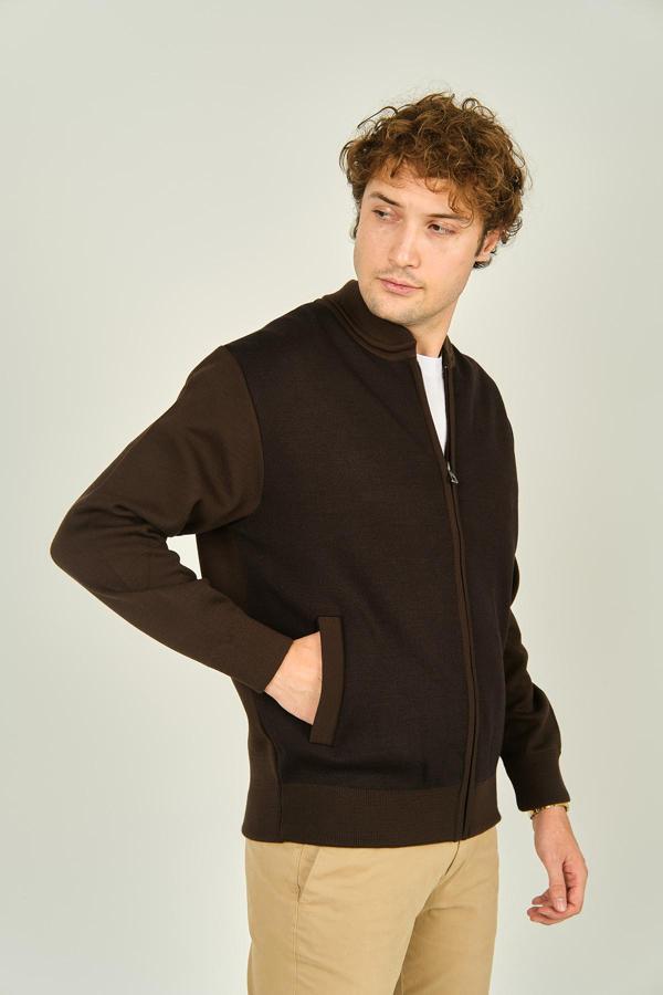 Ateş Triko Erkek Fermuarlı Çift Cepli Hakim Yaka Triko Yün Mont 9050 Kahverengi - Image 1