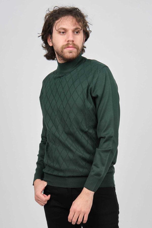 Pave Erkek Yarım Balıkçı Baklava Desenli Yün Kazak 4537220 Yeşil - Image 1