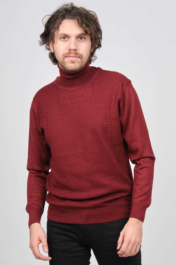 Ateş Triko Erkek Balıkçı Yaka Desenli Yün Kazak 6091598 Bordo - Image 1