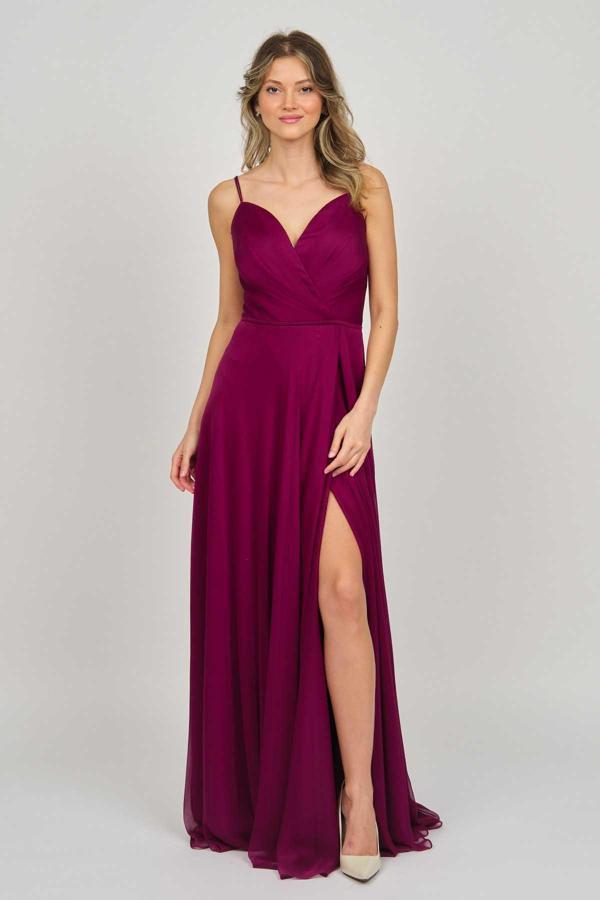 Şeref Vural Kadın Askılı Şifon Abiye Elbise 5437817 Vişne - Image 1