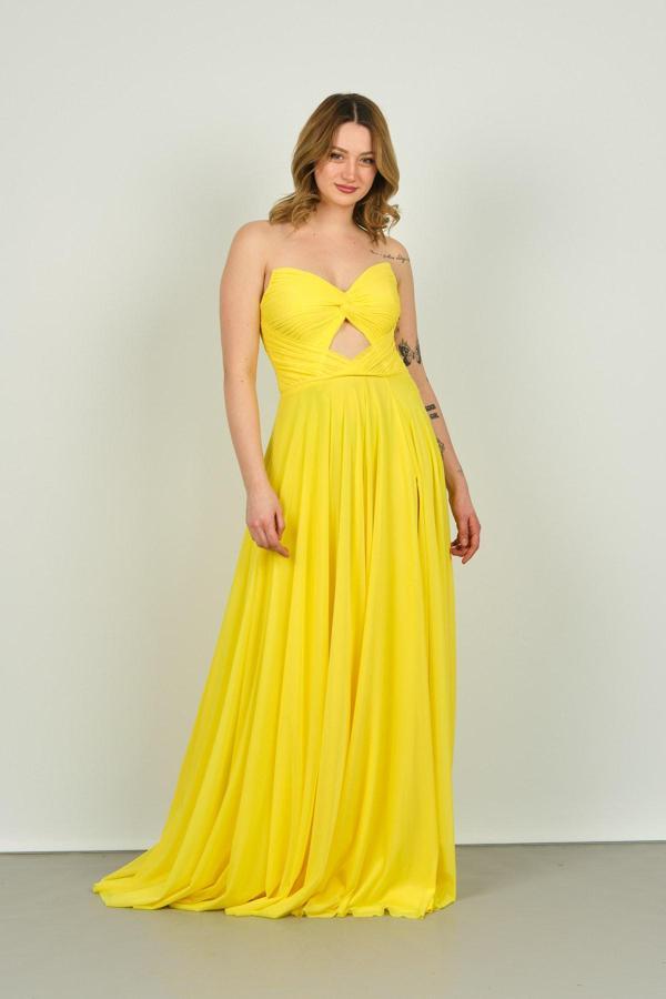 Şeref Vural Kadın Straplez Pencere Detaylı Derin Yırtmaçlı Tül Abiye Elbise 8236 Sarı - Image 1