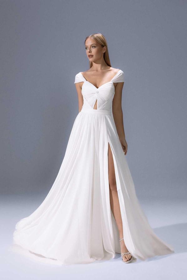 Şeref Vural Kadın Kelebek Kol Şifon Uzun Abiye Elbise 8040 Kemik - Image 1