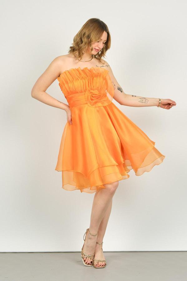 Maxra Govana Kadın Straplez Fırfır Detaylı Kısa Abiye Elbise 6377 Turuncu - Image 1