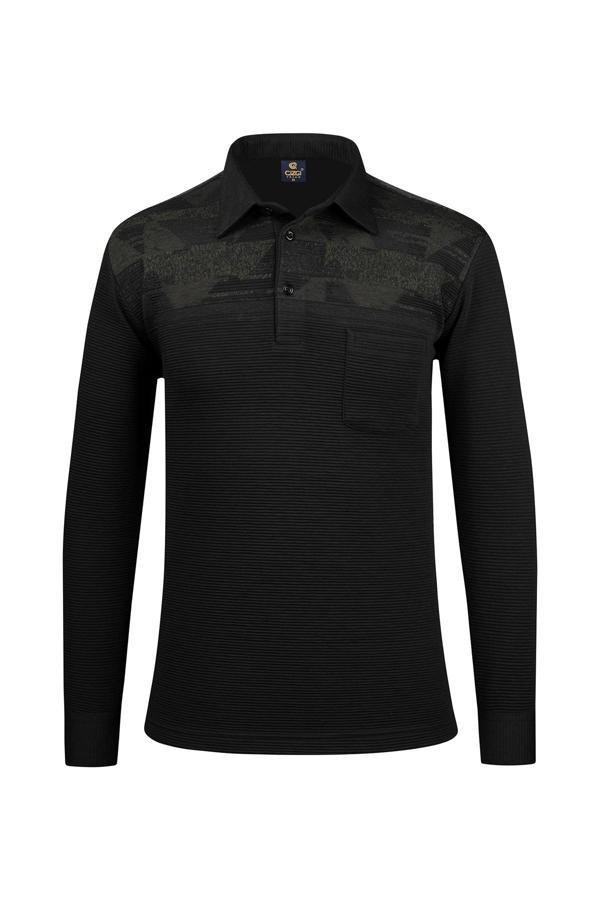 Çizgi Triko Erkek Uzun Kollu Desenli Gömlek Yaka Kol Manşetli Cepli Sweat 5026 Siyah - Image 1