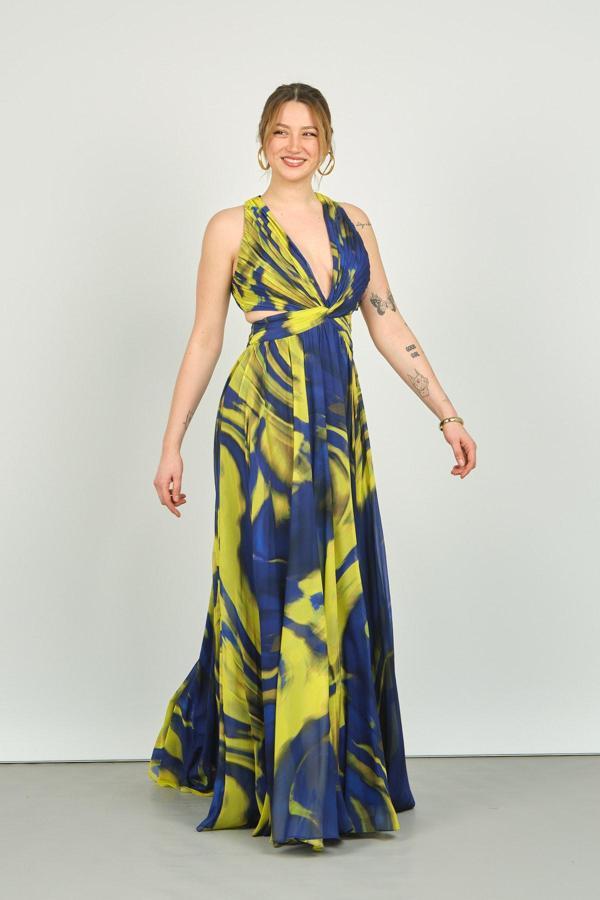 Şeref Vural Kadın Desenli Şifon Abiye Elbise 8108 Saks - Image 1