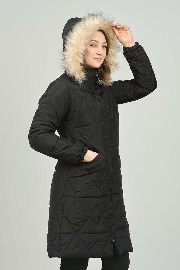 Setare Kadın Kürk Kapüşonlu Kapitone Uzun Mont 0573 Siyah - Image 1