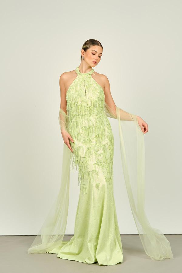 Ömür Inn Kadın Halter Yaka Boncuk İşlemeli Sırt Detaylı Balık Form Abiye Elbise 4298 Elma Yeşili - Image 1