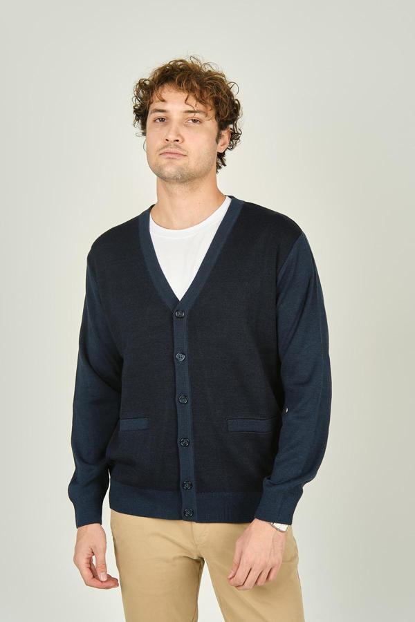 Ateş Triko Erkek Cep Detaylı V Yaka Yün Hırka 4490 Indigo - Image 1