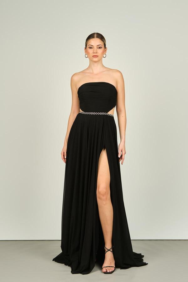 Şeref Vural Kadın Straplez Taş Zincir Detaylı Yan Pencereli Uzun Abiye Elbise 8227 Siyah - Image 1