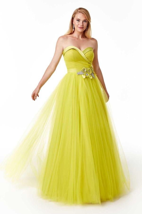 Ömür Inn Kadın Straplez Tül Detaylı Uzun Abiye Elbise 23715 Fıstık Yeşili - Image 1