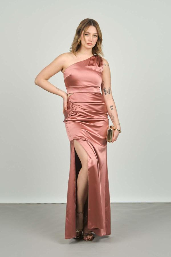 Escoll Kadın Tek Omuz Derin Yırtmaçlı Saten Abiye Elbise 1873 S.Kabuğu - Image 1