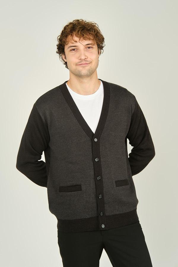 Ateş Triko Erkek Cep Detaylı V Yaka Yün Hırka 4490 Füme - Image 1