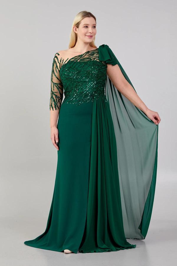 Ömür Inn Kadın Omuz Detaylı Derin Yırtmaçlı Abiye Elbise 23624 Zümrüt - Image 1