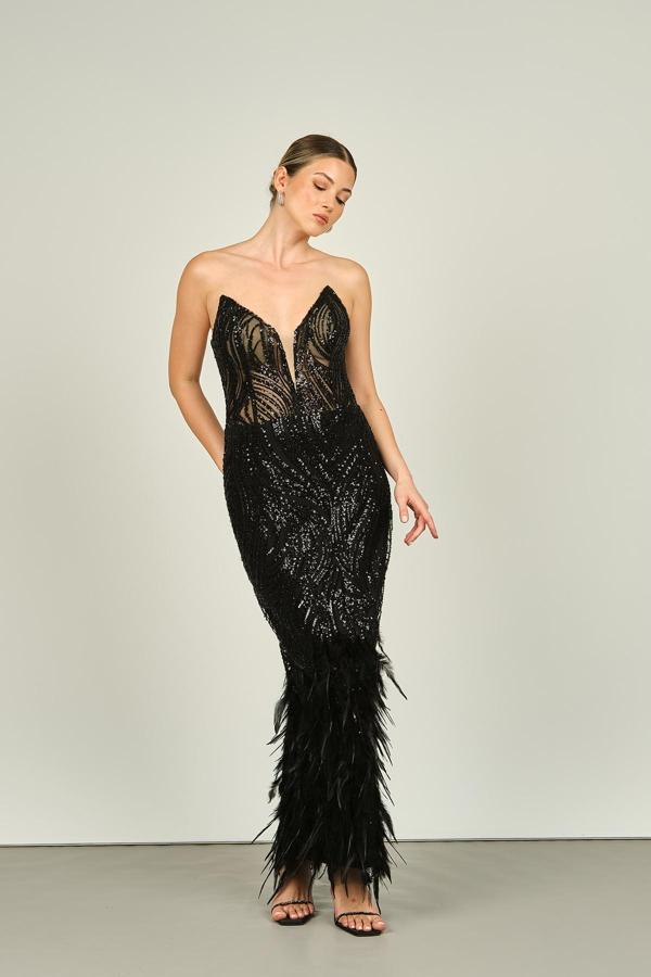 Maxra Govana Kadın Straplez Derin V Yaka Beli Korsajlı ve Transparan Balık Form Abiye Elbise 7102 Siyah - Image 1