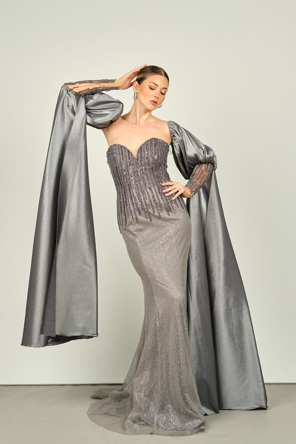 Ömür Inn Kadın Straplez Yaka Seyyar Kol Detaylı Taş İşlemeli Balık Form Abiye Elbise 4228 Gümüş - Image 1