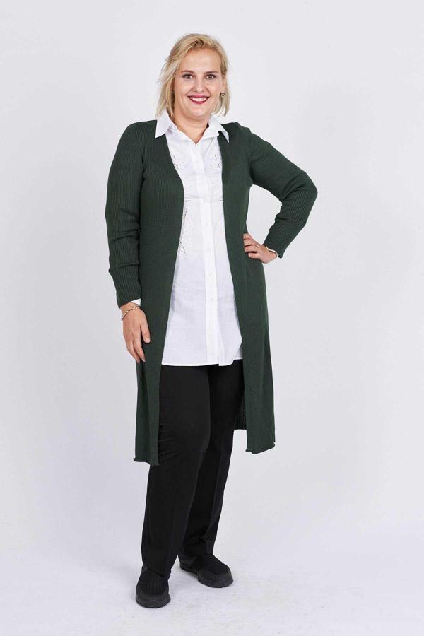 Büşra Triko Kadın Önü Açık Yırtmaç Detaylı Uzun Hırka 3997259 Yeşil - Image 1