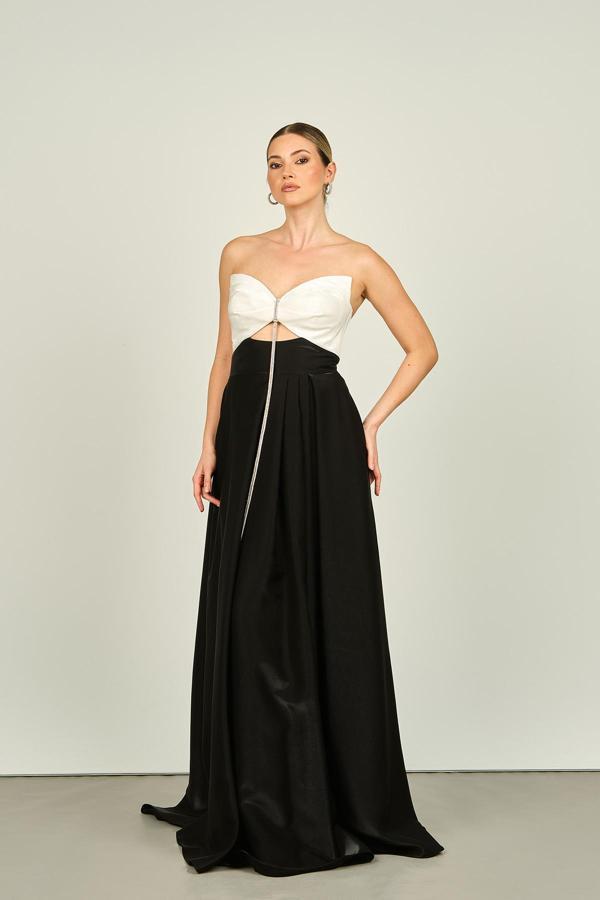 Saygın Kadın Pencere Detaylı Straplez Tafta Kumaş Uzun Abiye Elbise 4550 Siyah-Beyaz - Image 1