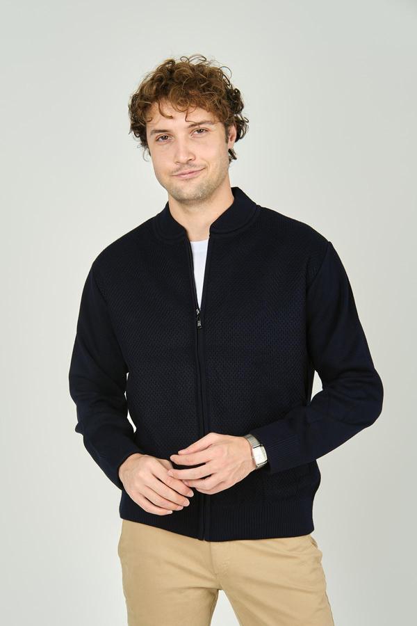 Ateş Triko Erkek Fermuarlı Çift Cepli Hakim Yaka Triko Yün Mont 9040 Lacivert - Image 1
