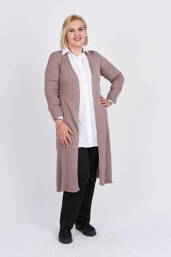 Büşra Triko Kadın Önü Açık Yırtmaç Detaylı Uzun Hırka 3997259 Vizon - Image 1