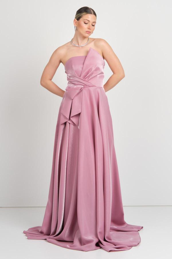 Hvit Vera Kadın Straplez Parlak Saten Kumaş Maxi Abiye Elbise 5785 Pudra - Image 1