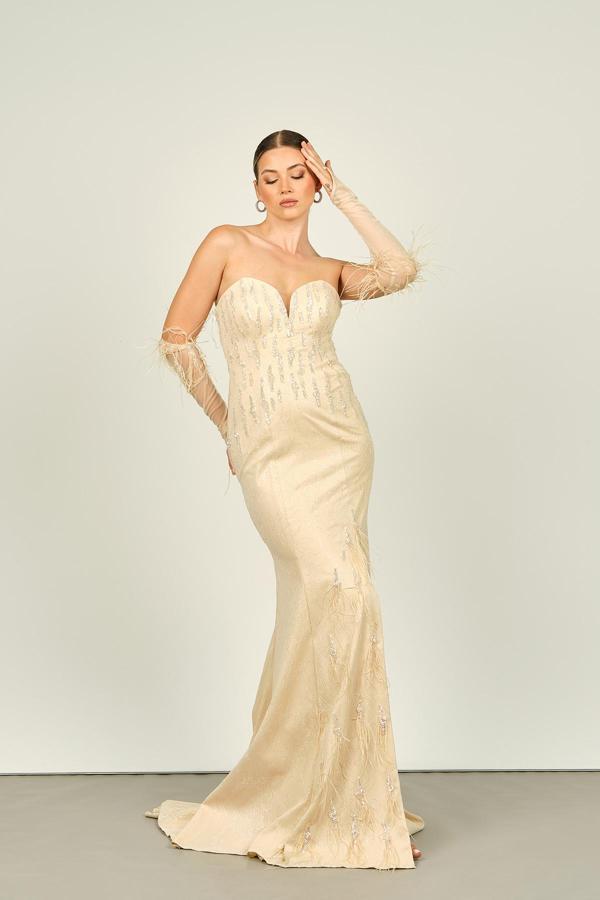 Ömür Inn Kadın Kalp Yaka Üst Kısım Taş İşlemeli Seyyar Kollu Balık Form Abiye Elbise 4240 Ten - Image 1