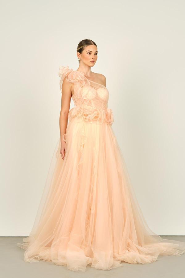 Ömür Inn Kadın Tek Omuz Detaylı Beli Korsajlı Transparan Tül Abiye Elbise 4213 Somon - Image 1