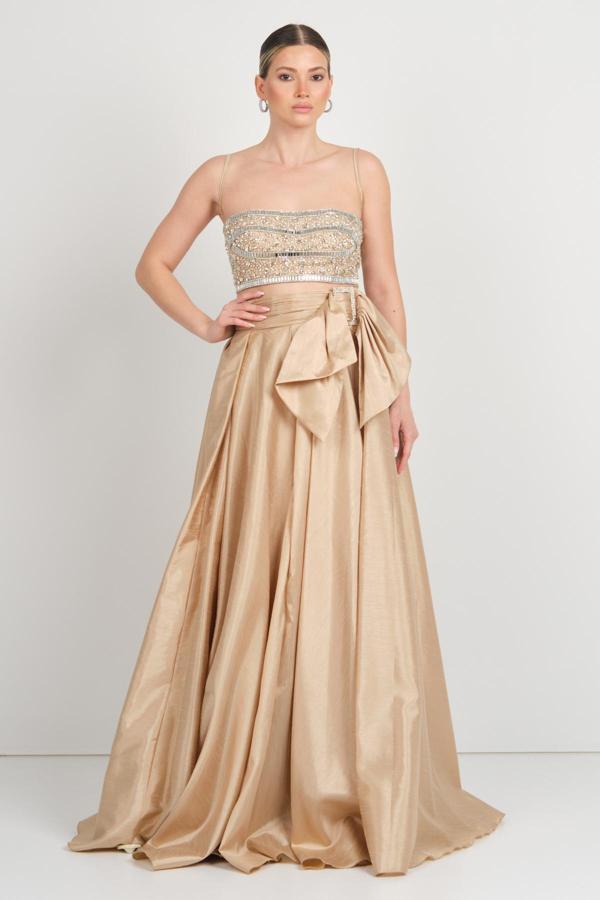 Ömür Inn Kadın Büstiyer Full Taşlı Eteği Tafta Kumaş İki Parça Abiye Elbise 2473 Ten - Image 1