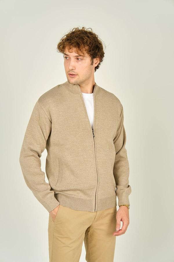 Ateş Triko Erkek Fermuarlı Çift Cepli Hakim Yaka Yün Hırka 1021 Bej - Image 1