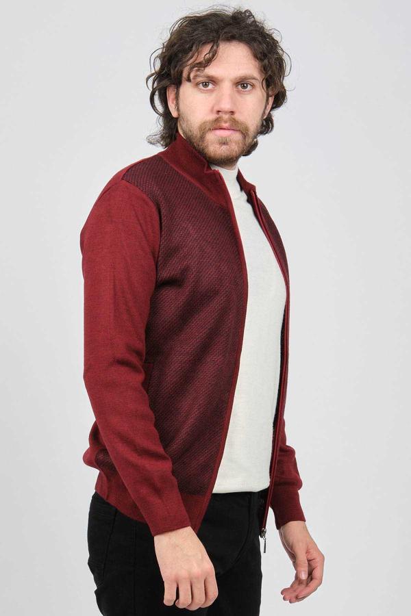 Ateş Triko Erkek Fermuarlı Desenli Yün Hırka 6091421 Bordo - Image 1