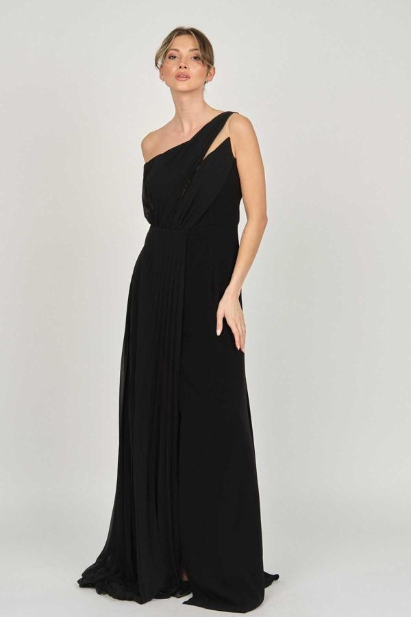 Maxra Govana Kadın Tek Omuz Şifon Abiye Elbise 47754697 Siyah - Image 1