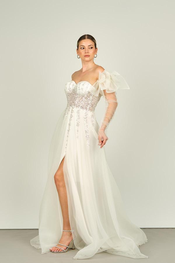 Ömür Inn Kadın Straplez Seyyar Kol Taş İşlemeli Uzun Abiye Elbise 4132 Beyaz - Image 1