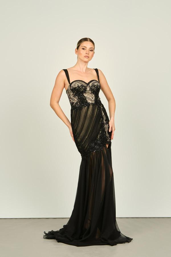 Ömür Inn Kadın Askılı Taş Detaylı Dantel Mini Abiye Elbise 2470 Siyah - Image 1