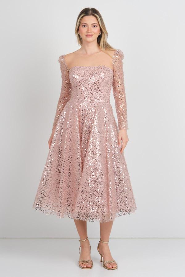 Ömür Inn Kadın Full Pul Payet Uzun Kollu Midi Abiye Elbise 3024 Pudra - Image 1