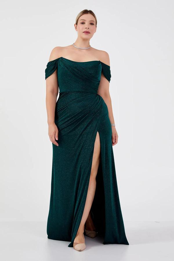 Şeref Vural Kadın Büyük Beden Düşük Omuz Derin Yırtmaçlı Balık Form Abiye Elbise 8212 Nefti - Image 1