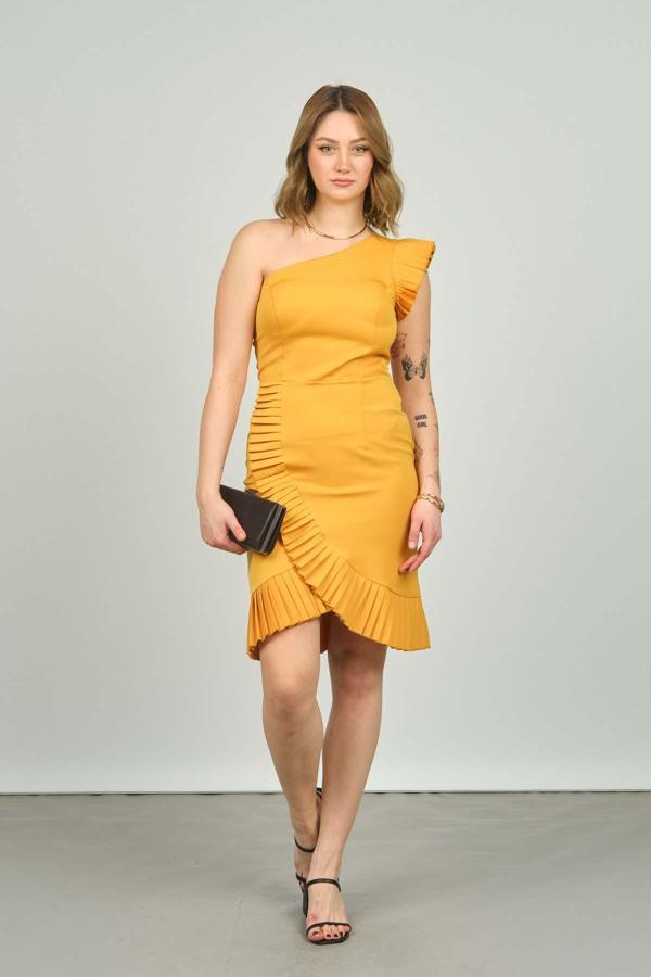Escoll Kadın Tek Omuz Kolu ve Etek Detayı Pliseli Kısa Abiye Elbise 1958 Safran - Image 1